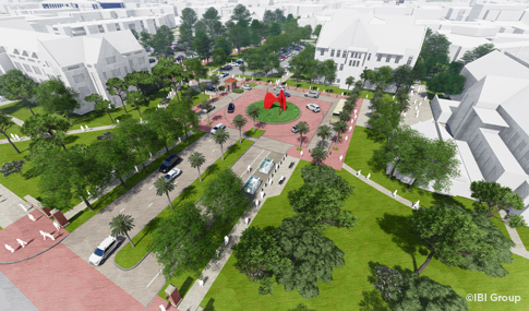A color rendering of a vehicular and pedestrian entry plaza on a college campus with trees lining the path.