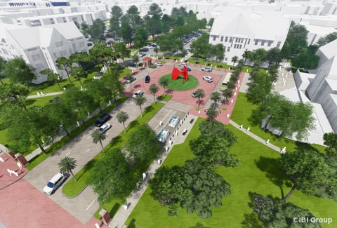 A color rendering of a vehicular and pedestrian entry plaza on a college campus with trees lining the path.