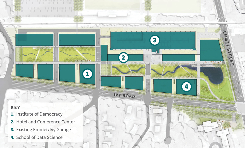 Aerial site plan of the Ivy Corridor site that shows the building locations and open spaces. 