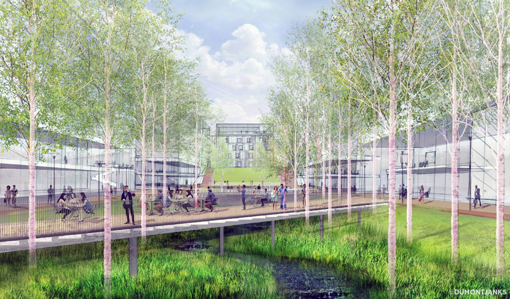 A rendering of on campus activity adjacent to the stormwater stream.