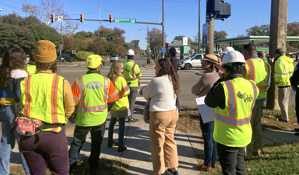 Members of VHB’s transportation team meet with project partners for a site visit. 