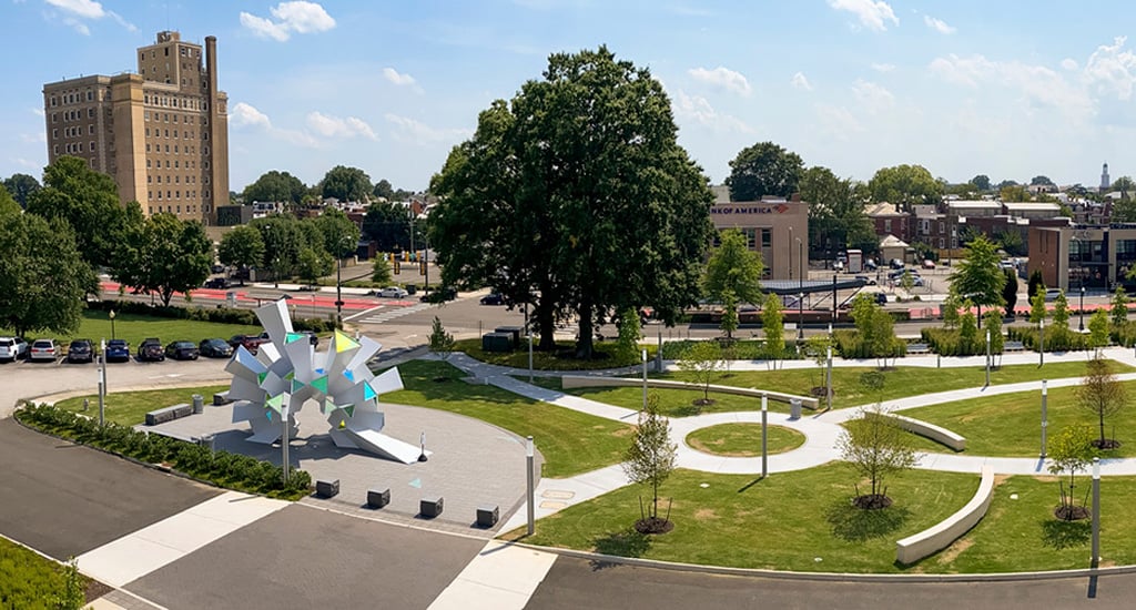 Park with walkways outside Science Museum of Virginia.