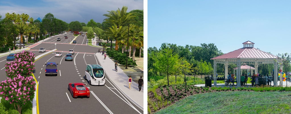 Color rendering of cars and AV path with pink vegetation; A gazebo in a park setting with picnic tables.