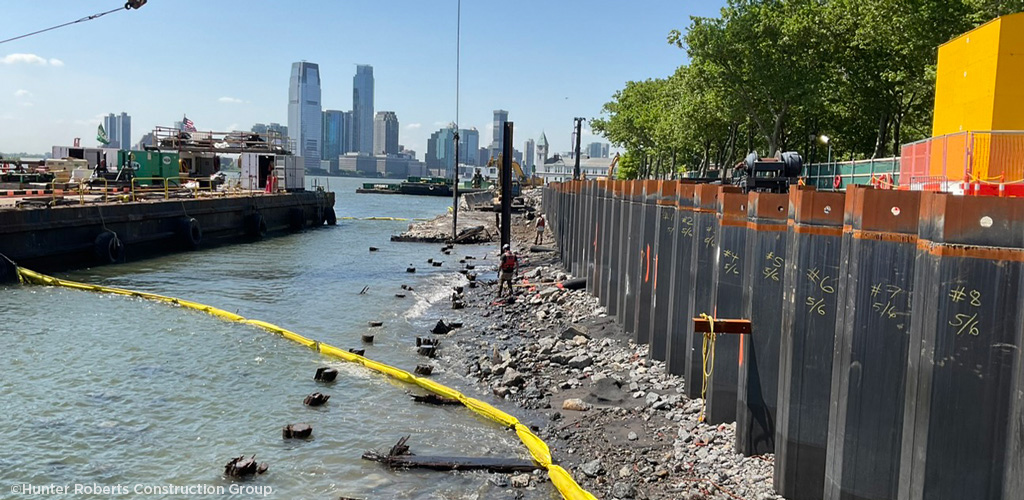Pilings along an urban shoreline.