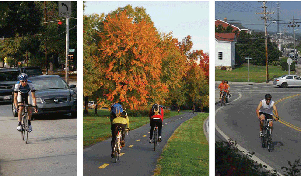 Collage of bikers in urban, suburban, and bike trail environments.