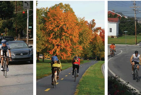Collage of bikers in urban, suburban, and bike trail environments.