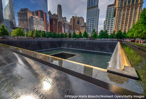 Water feature with names at the National 9/11 Memorial.