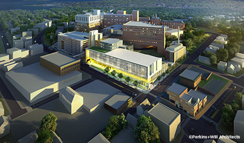 Aerial view of artist’s rendering of illuminated medical center building campus.