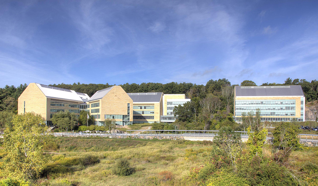 Astra-Zeneca’s multi-building campus is backed by natural woodlands.