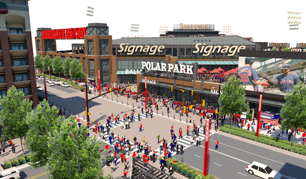 People cross to the stadium in this rendering of Worcester’s Polar Park.