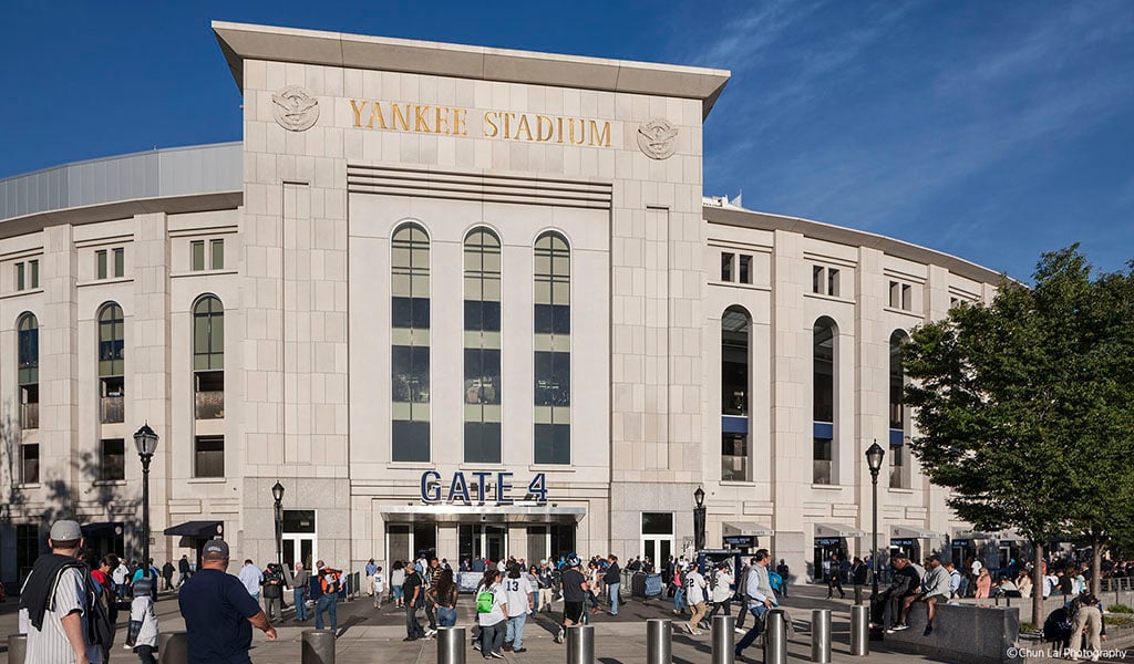 Visitors congregate outside of Yankee Stadium in New York.