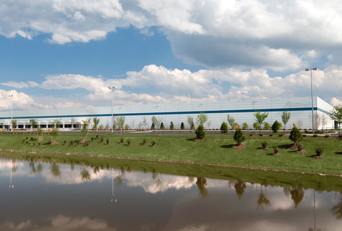 Clouds reflect on the lake in front of the Canon Technology Center in Newport News, Virginia. 
