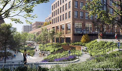 Landscaped pedestrian walkways and gathering spaces frame a mixed-use building in the Pattern District.