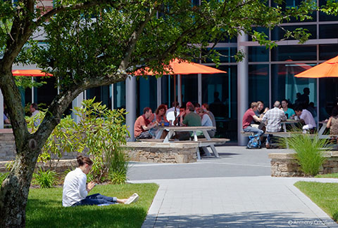 Outdoor dining area on campus of Mathworks in Natick, Massachusetts.