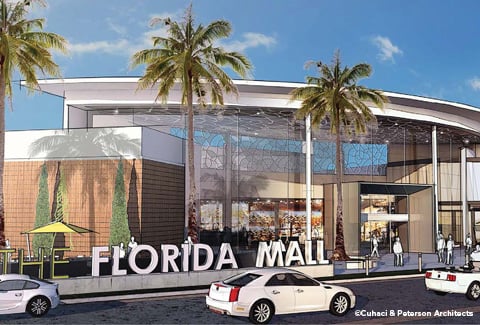 Florida Mall entrance with sign and drop-off area in Orlando, Florida