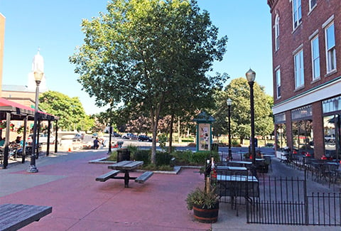 Picnic tables and benches sit in the shade of a tree in a town square outside a brick building.
