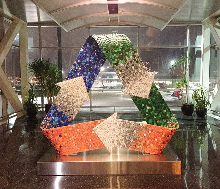 Recycle symbol sculpture as see at Logan Airport.
