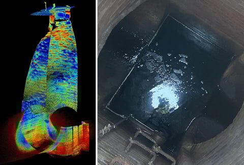3D LiDAR scan of a subsurface structure, displaying vibrant blue and red color gradients to represent different depths and features.