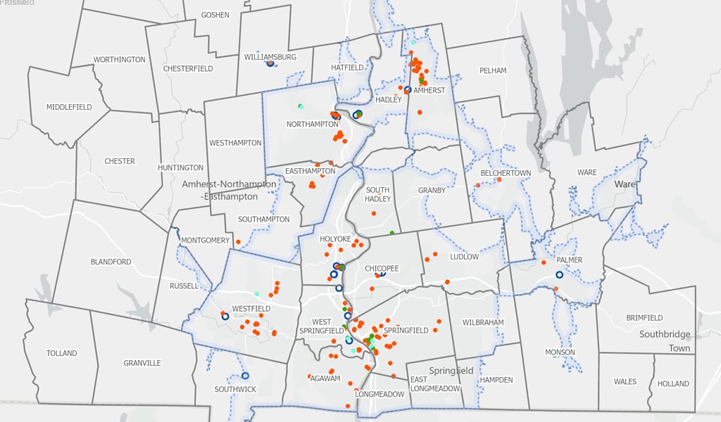 A map of existing EV charging stations in the Pioneer Valley.