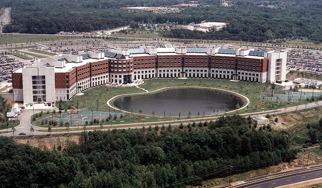 Aerial view of the Defense Logistics Agency Headquarters at Fort Belvoir. 