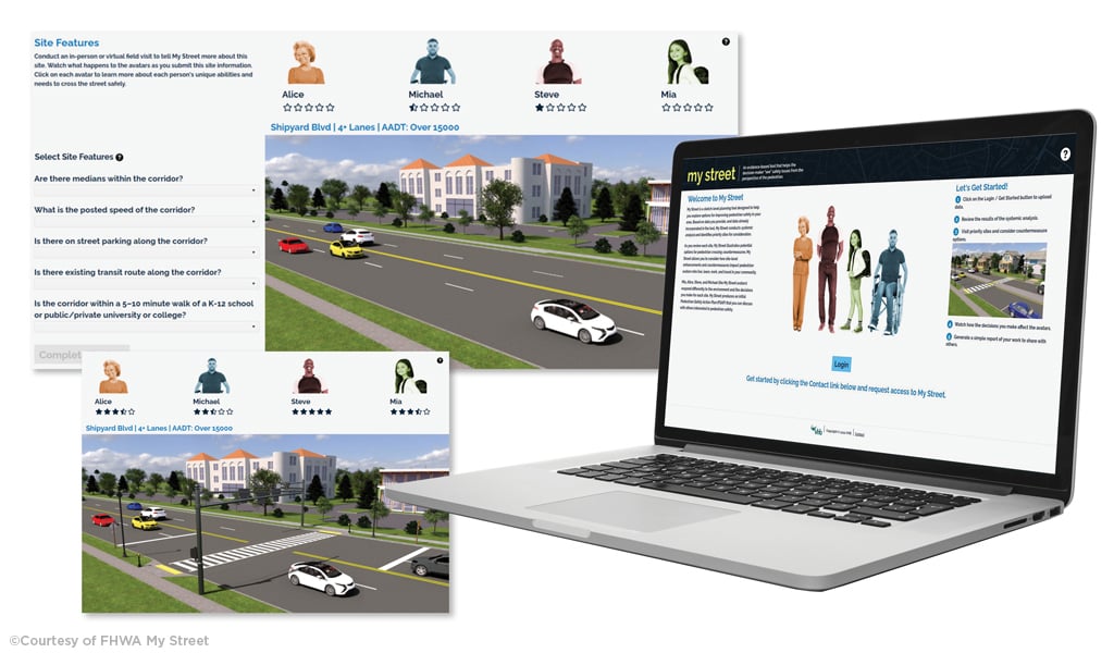 Screen shot of the My Street homepage and Example rendering showing a multi-lane roadway before pedestrian safety countermeasures are added.