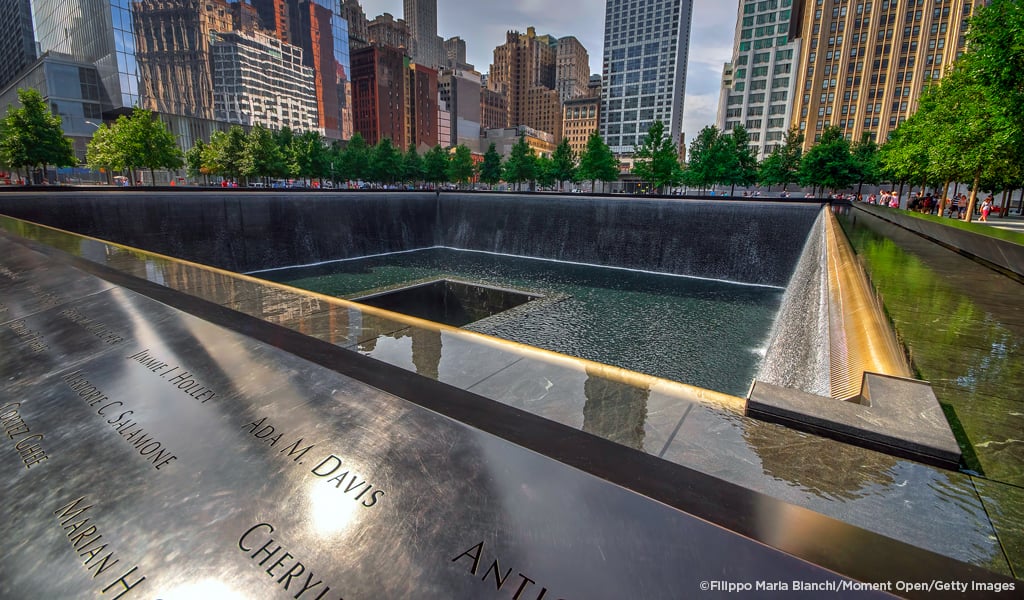 Water feature with names at the National 9/11 Memorial.