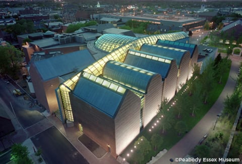 Aerial view of Peabody Essex Museum at night.