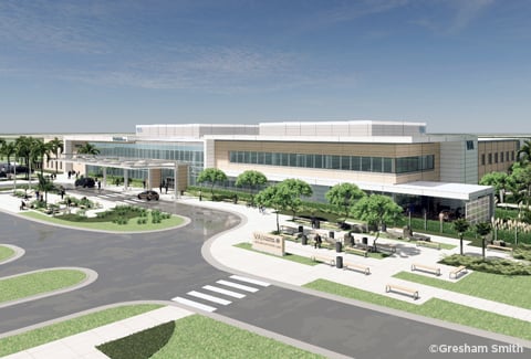 Color rendering of a modern two-story healthcare clinic surrounded by assorted trees, greenery and grassy areas