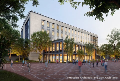 Exterior view of the new building surrounded by students moving through campus.