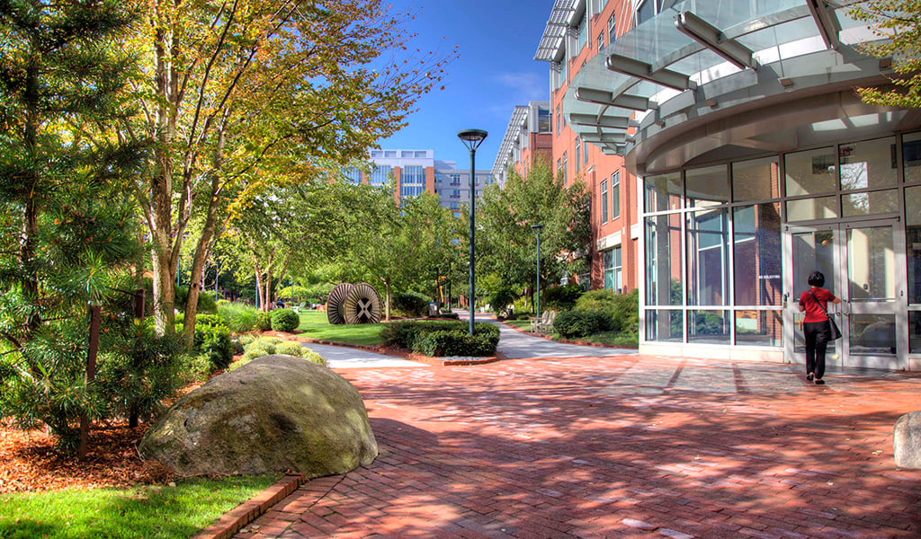 A visitor walks along a shaded path into one of the buildings in University Park.