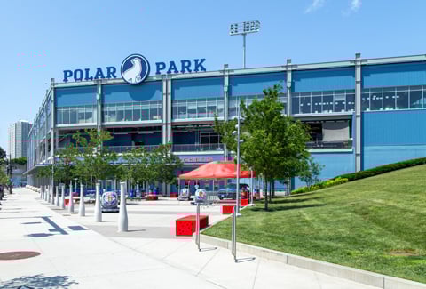 Polar Park surrounded by greenery along a main road.