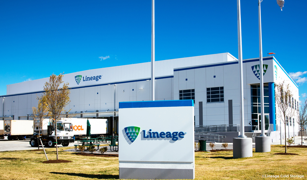 View of the Lineage Cold Storage Façade with signage