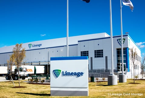 View of the Lineage Cold Storage Façade with signage 