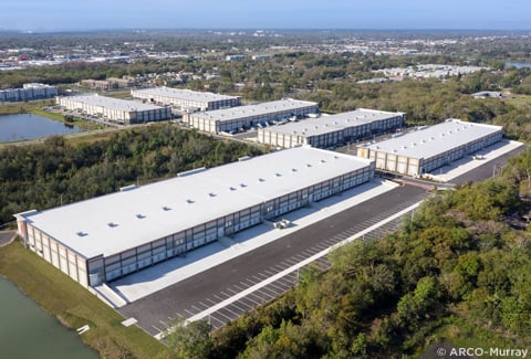 Aerial view of two Industrial buildings located at Princeton Oaks industrial park.