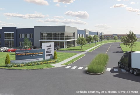 Daytime rendering of truck entering a modern industrial area with signage and modern buildings surrounded by landscaped grounds and trees.