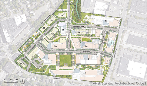 Rendered site plan of the Pattern District. 