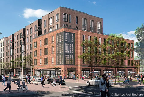 Active pedestrian streetscape surrounding a mixed-used building in the Pattern District.