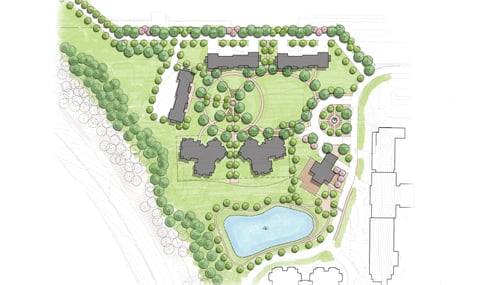 An aerial rendering of the Westminster Canterbury expansion that includes the future villas, pedestrian circulation, and open green spaces.