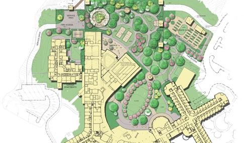 A concept rendering of wellness spaces at Westminster Canterbury that includes pickleball courts, open green spaces, a community garden, and terrace.