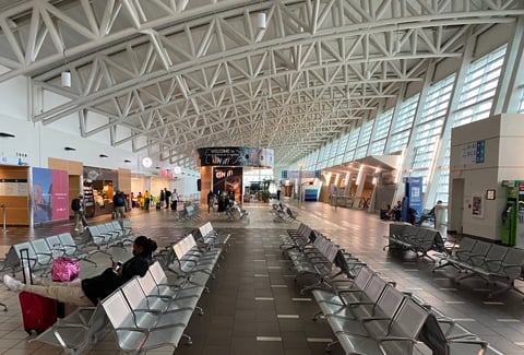 Passenger airport terminal with arched glass and steel ceiling, rows of seating, information signs, and travelers.