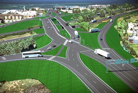 Aerial view of a simulated highway interchange.