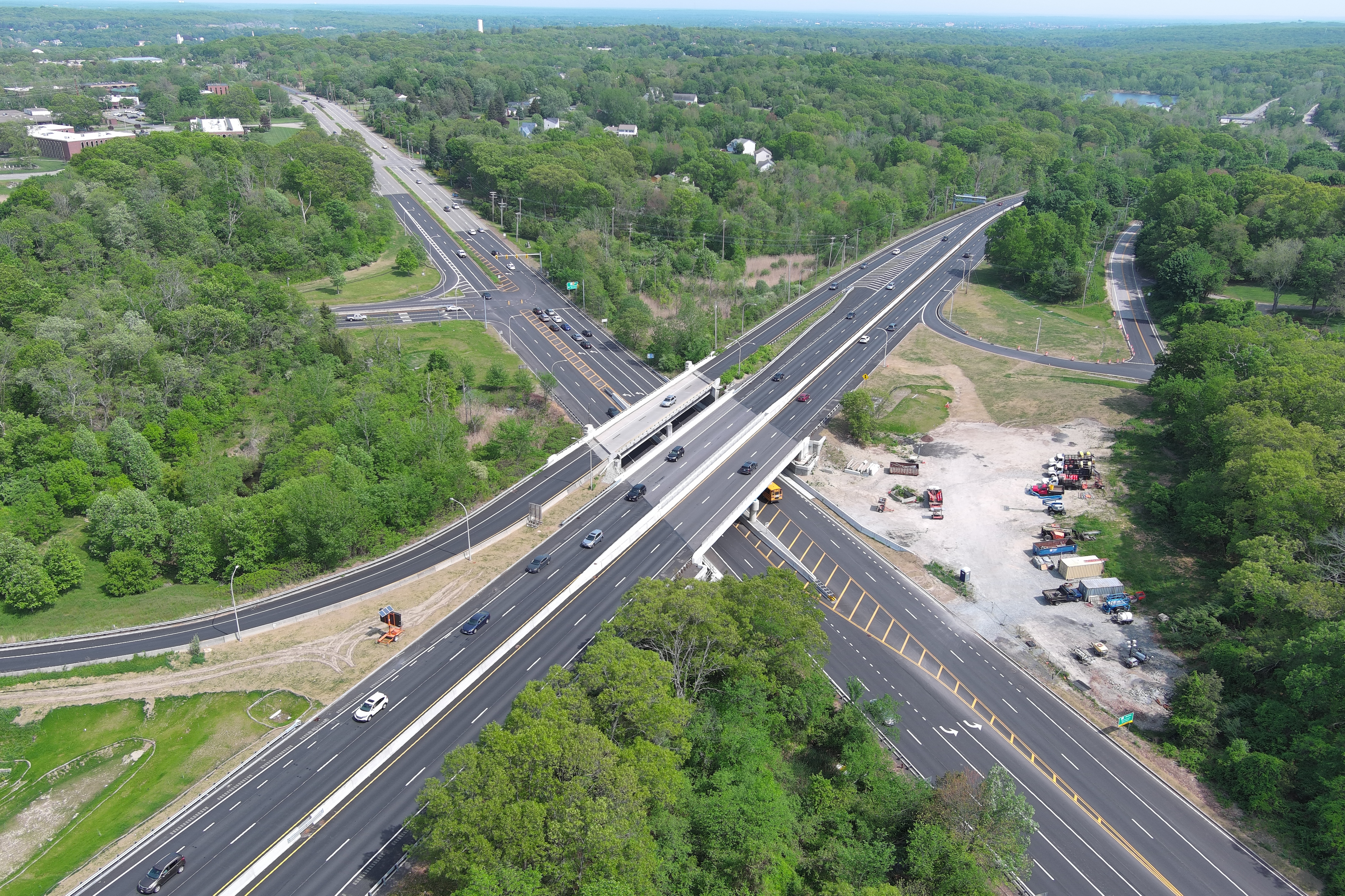 Aerial view of reconstruction of Louisquisset Pike Bridge in Rhode Island, which carries Rt. 146 over Rt.116.