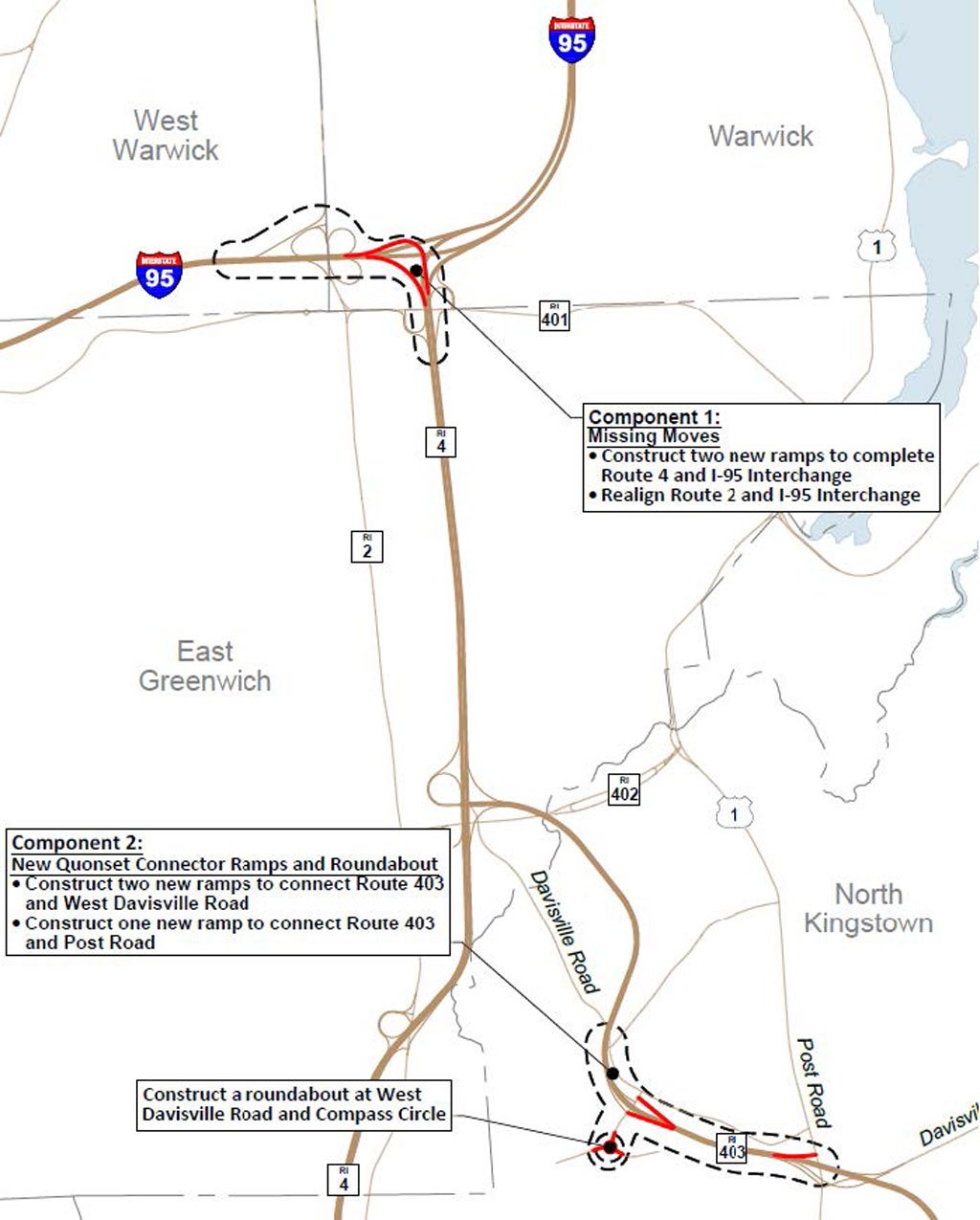 Map showing the locations of RIDOT’s planned new connections.