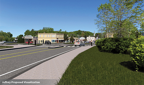 Visualization of Route 202 intersection with roundabouts and buildings after proposed improvements.