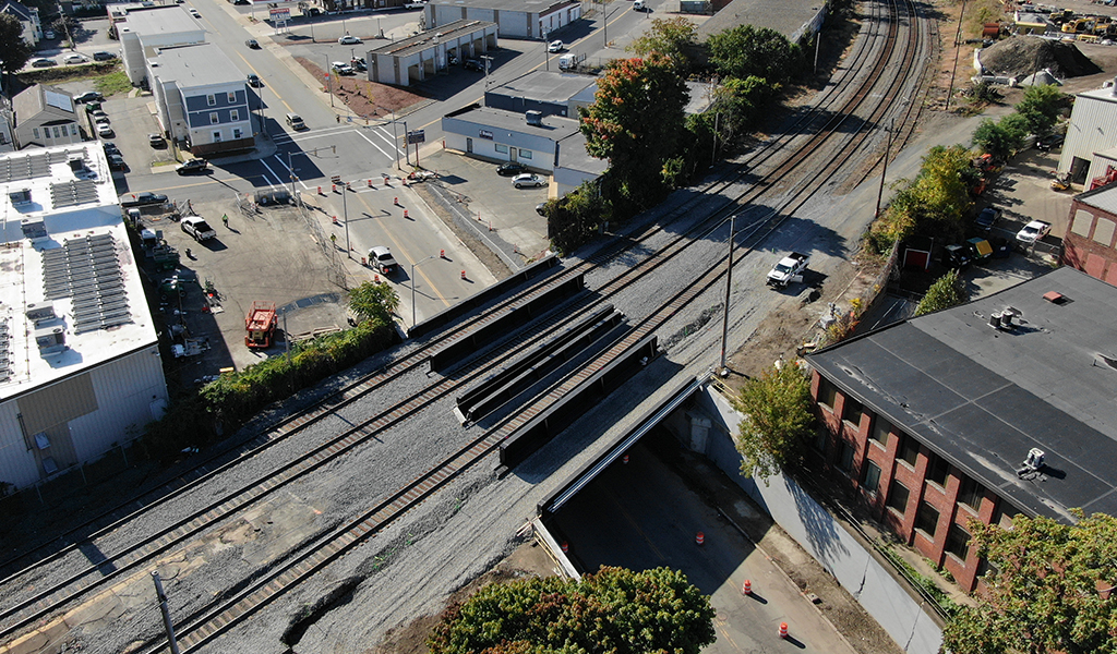 Newly constructed bridge shown over Parker Street in Lawrence, MA.