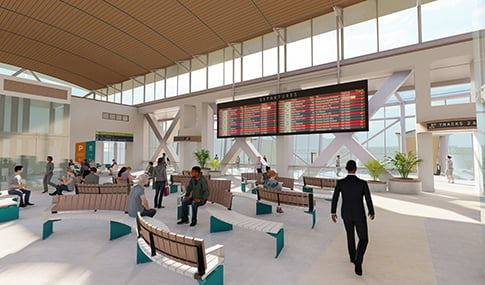 Illustrative rendering of reimagined STC concourse waiting room, looking west.