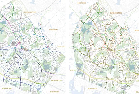 Two maps of the Town of Lexington highlighting the existing bicycle paths and walkways in the Town.