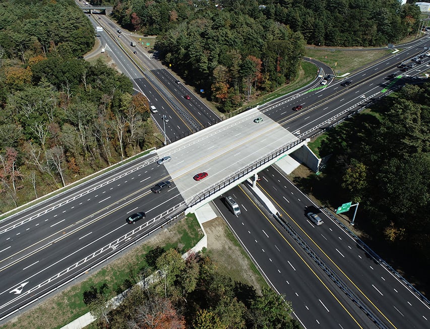 Aerial image of the Route 44 Highway Bridge over Route 24 in Raynham, MA.