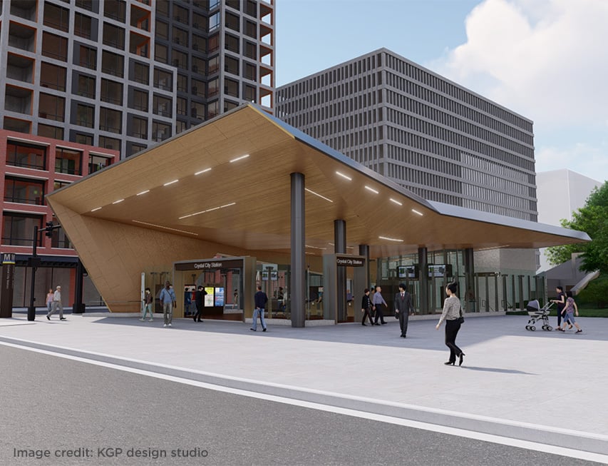 Rendering image of pedestrians walking outside of Crystal City Metro Station.