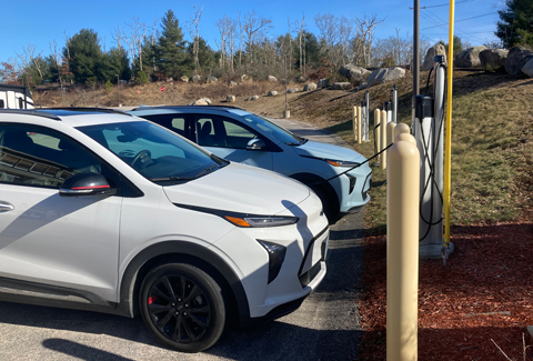 Electric cars plugged into charging stations.